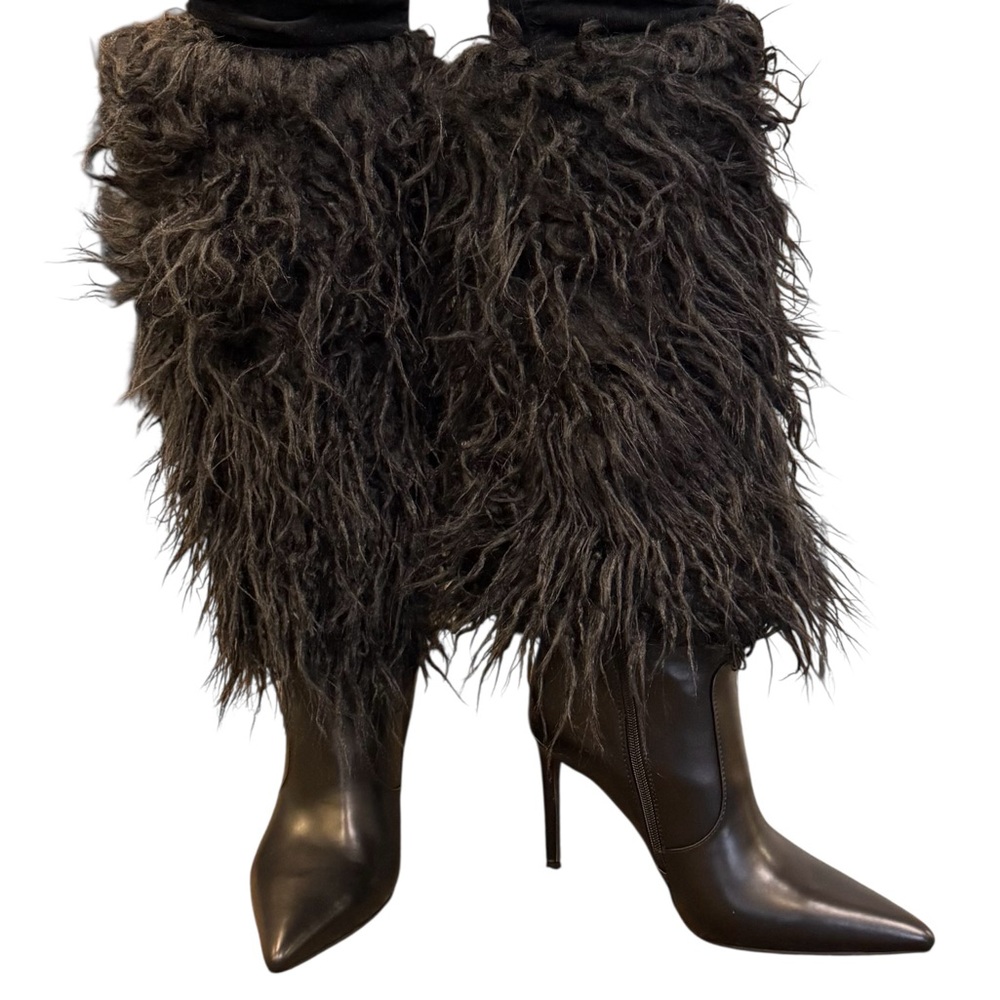 Black Faux Fur Leg Warmers Stiletto Ankle Boots Statement Heels Y2K NIB